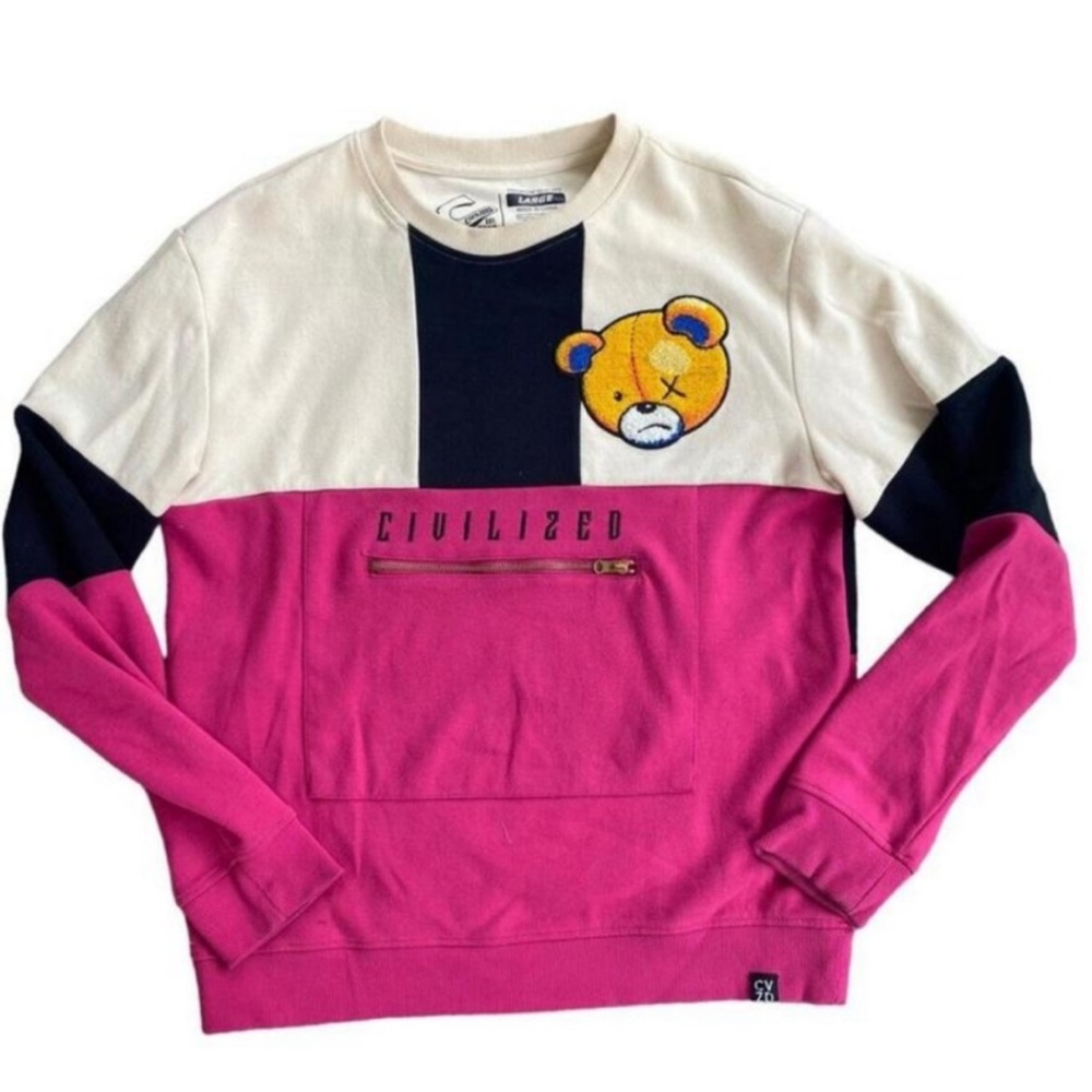 Civilized crewneck sweatshirt with embroidered bear (pink and white) size L
